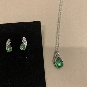 Silvertone Necklace & Post Earring Set w/ Green Rhinestone & Clear CZ Stones